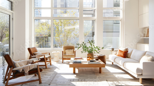 A bright living area with mix of modern and vintage furniture, featuring large windows that allow natural light to fill space. room is inviting and stylish, perfect for relaxation