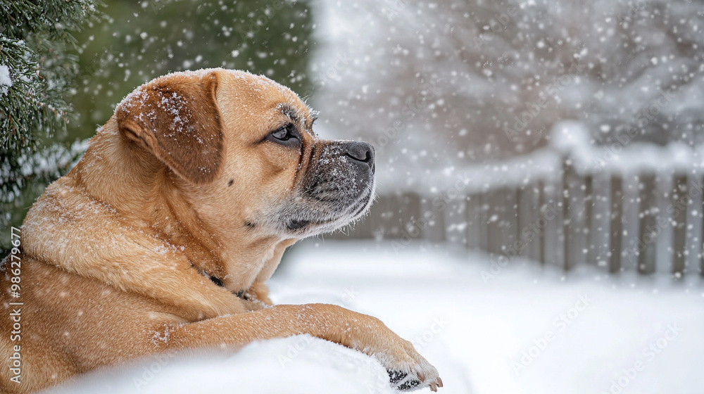 old fawn colored puggle dog with grey muzzle sleeping in heavy snow, tall trees, old fawn colored puggle dog with grey muzzle sleeping in heavy snow, tall trees,