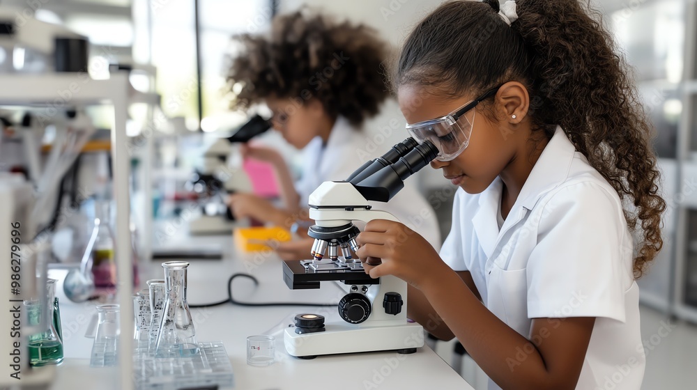 Students analyzing DNA strands under microscopes, biology in education Students analyzing DNA strands under microscopes, biology in education