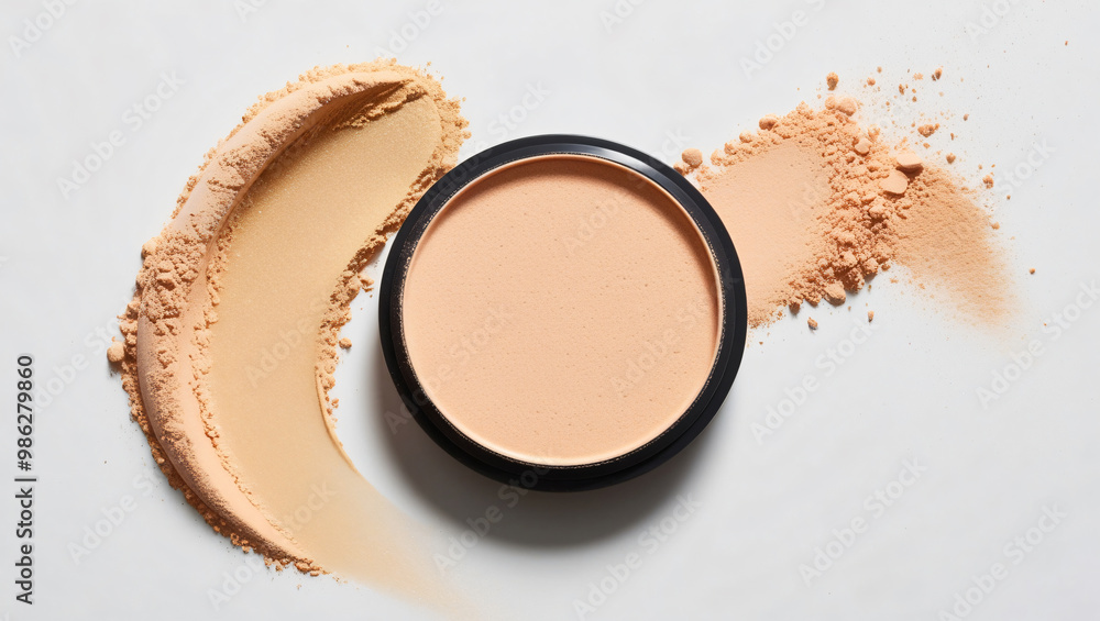 Loose light powder in a jar stands on a powder swatch. Brightening shade of beige tones. Concept of decorative cosmetics, makeup. Vertical view Loose light powder in a jar stands on a powder swatch. Brightening shade of beige tones. Concept of decorative cosmetics, makeup. Vertical view