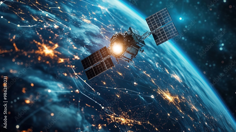 A satellite orbits Earth, capturing the planet's illuminated surface and showcasing intricate networks of light against a dark backdrop. A satellite orbits Earth, capturing the planet's illuminated surface and showcasing intricate networks of light against a dark backdrop.