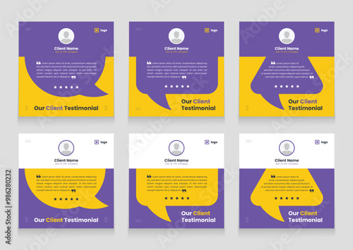 Clean and modern client testimonial banner set template. customer review social media post bundle carousel template design.