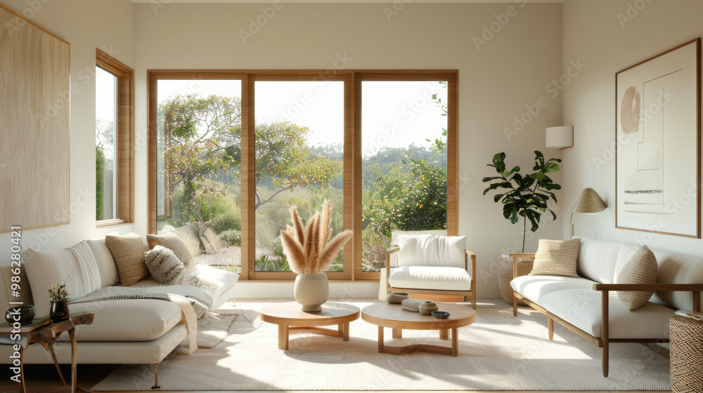 A bright living room with large windows, featuring mix of modern and natural elements. space is filled with light, showcasing stylish furniture and greenery, creating serene atmosphere A bright living room with large windows, featuring mix of modern and natural elements. space is filled with light, showcasing stylish furniture and greenery, creating serene atmosphere