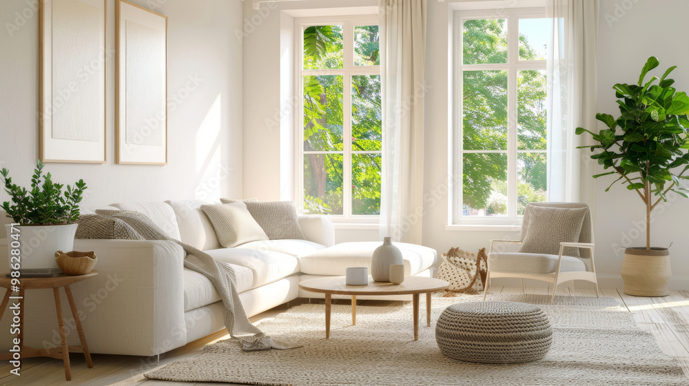 A bright living room with large windows, soft rug, and cozy atmosphere creates welcoming space filled with natural light and greenery A bright living room with large windows, soft rug, and cozy atmosphere creates welcoming space filled with natural light and greenery