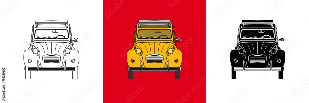 3 versions de la voiture vintage française : la 2CV avec son toit ouvrant - couleur jaune, contour noir et silhouette noire.