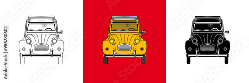 3 versions de la voiture vintage française : la 2CV avec son toit ouvrant - couleur jaune, contour noir et silhouette noire.