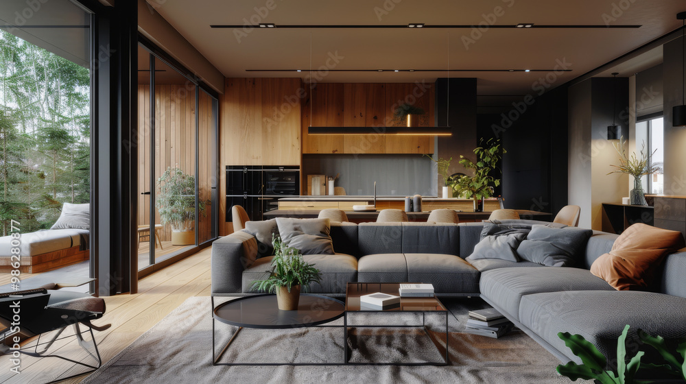 A modern open plan space featuring mix of wood and metal elements, showcasing stylish living area with cozy sofa, coffee table, and lush greenery. design exudes warmth and sophistication A modern open plan space featuring mix of wood and metal elements, showcasing stylish living area with cozy sofa, coffee table, and lush greenery. design exudes warmth and sophistication