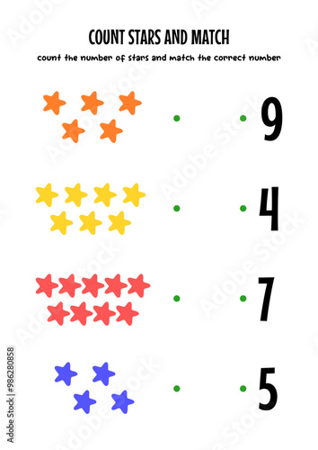 worksheet for kids, count the number of stars and match them with the numbers provided