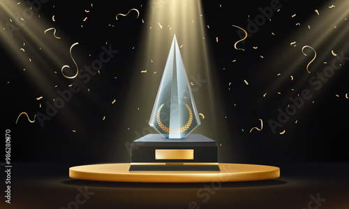 Glass award ceremony background with crystal prize, golden confetti, spotlight, podium with golden elements.