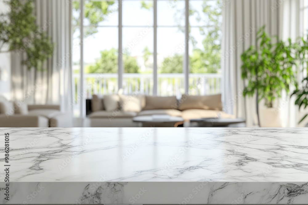 White marble kitchen tabletop or kitchen island with copy space over blurred comfortable living room with generative ai White marble kitchen tabletop or kitchen island with copy space over blurred comfortable living room with generative ai