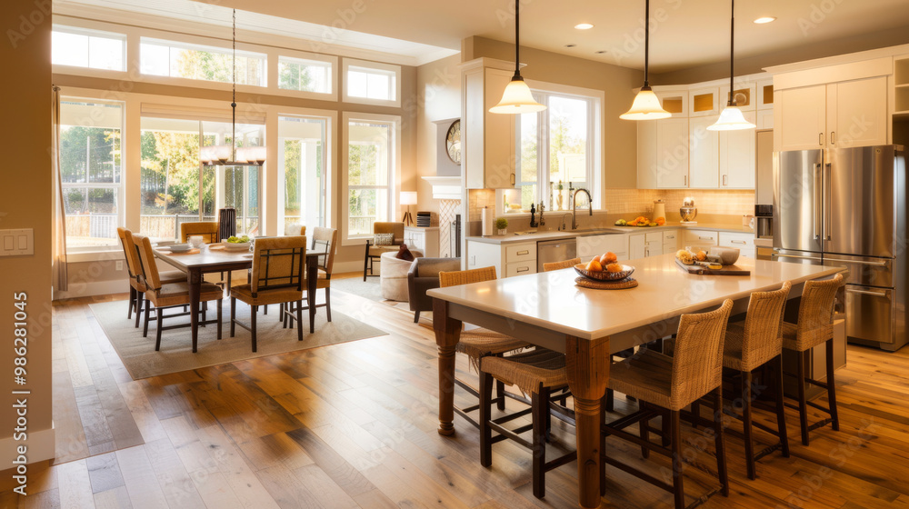 A spacious kitchen with dining area features large island, modern appliances, and ample natural light. warm wood tones create welcoming atmosphere for gatherings A spacious kitchen with dining area features large island, modern appliances, and ample natural light. warm wood tones create welcoming atmosphere for gatherings