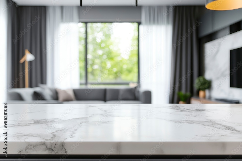 White marble kitchen tabletop or kitchen island with copy space over blurred comfortable living room with generative ai White marble kitchen tabletop or kitchen island with copy space over blurred comfortable living room with generative ai
