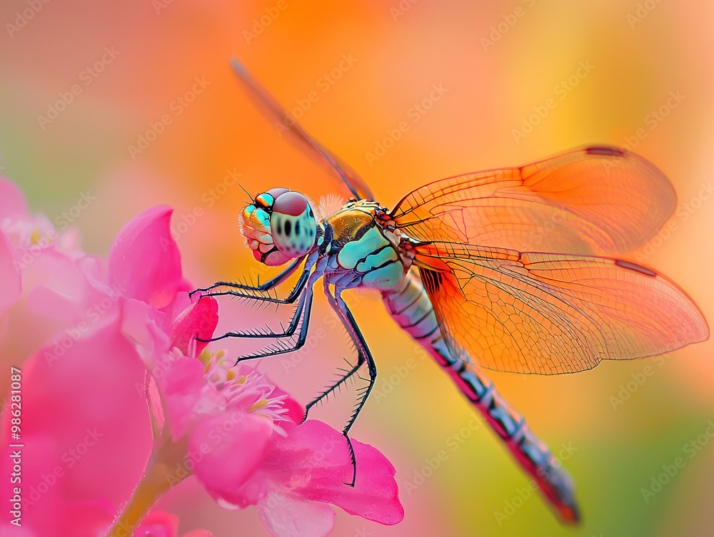 Vivid dragonfly perched on pink flowers in colorful summer garden
Vivid dragonfly perched on pink flowers in colorful summer garden