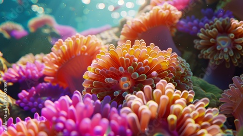 Vibrant 3D Render of Colorful Corals and Anemones with Sun Rays