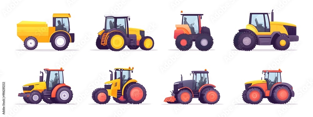 Set of vector illustrations, simple flat design cartoon-style illustrations of different tractors and farm equipment, white background, colorful, minimalistic, high resolution Set of vector illustrations, simple flat design cartoon-style illustrations of different tractors and farm equipment, white background, colorful, minimalistic, high resolution