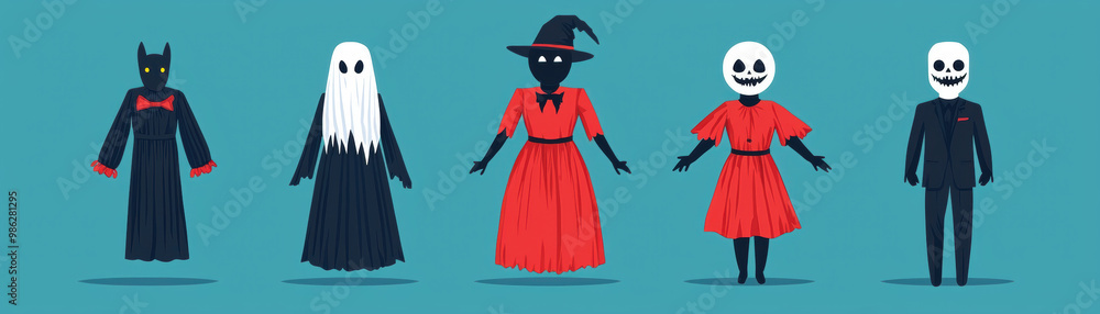 Halloween costume shop display, spooky outfits and masks, flat design illustration Halloween costume shop display, spooky outfits and masks, flat design illustration