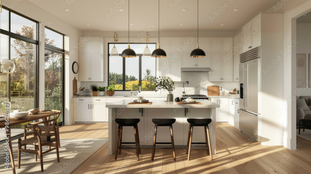 A spacious kitchen featuring an island, bar stools, and large windows that invite natural light. modern design combines functionality with elegance, creating warm and inviting atmosphere A spacious kitchen featuring an island, bar stools, and large windows that invite natural light. modern design combines functionality with elegance, creating warm and inviting atmosphere