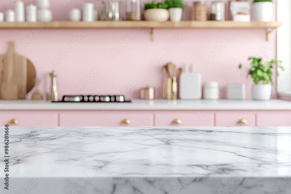 Fototapeta premium White marble kitchen tabletop with empty space over blurred beautiful pastel pink kitchen room with generative ai
