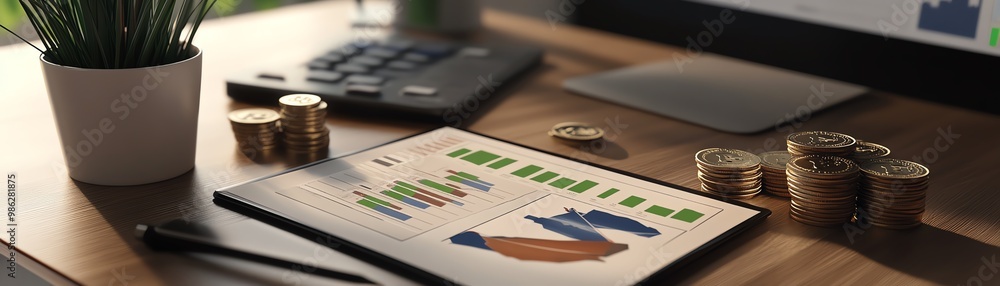 Business desk with financial reports, coins, and a laptop, representing workplace analysis and success in entrepreneurship. Business desk with financial reports, coins, and a laptop, representing workplace analysis and success in entrepreneurship.