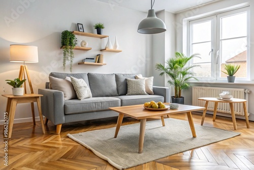 Interior of light living room with cozy grey sofa and wooden coffee table