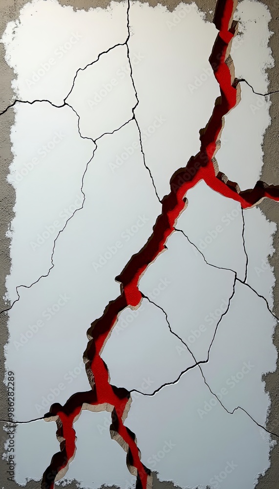 Fototapeta premium Textured Abstract Background Cracked White Paint Aged Concrete Wall Vibrant Red Fissures