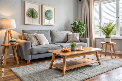 Interior of light living room with cozy grey sofa and wooden coffee table