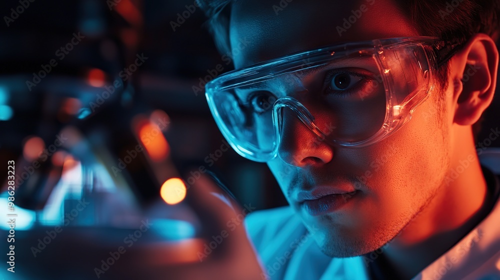 A focused young scientist examines a sample under a microscope, illuminated by vibrant blue and orange lights in a laboratory setting. A focused young scientist examines a sample under a microscope, illuminated by vibrant blue and orange lights in a laboratory setting.