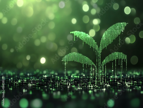 A digital plant in a green, glowing matrix background represents the intertwining of technology and nature in this captivating, futuristic stock photo.