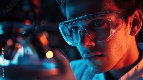 A focused young scientist examines a sample under a microscope, illuminated by vibrant blue and orange lights in a laboratory setting.