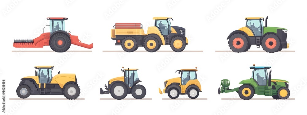 Fototapeta premium Set of vector illustrations, simple flat design cartoon-style illustrations of different tractors and farm equipment, white background, colorful, minimalistic, high resolution