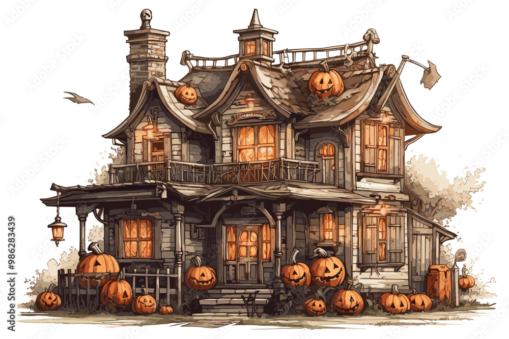 Fototapeta premium Ghostly Haunted House. vector haunted house on a hill. vector and illustration