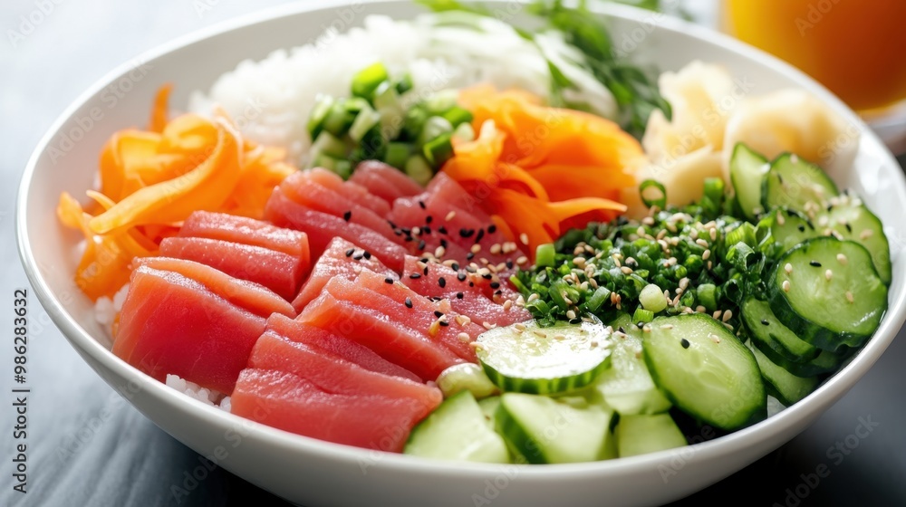 Tuna poke bowl presenting fresh ingredients with sesame seeds Tuna poke bowl presenting fresh ingredients with sesame seeds
