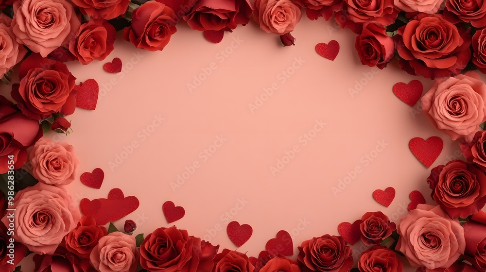 A romantic arrangement of red and pink roses surrounding a blank space decorated with heart-shaped accents. A romantic arrangement of red and pink roses surrounding a blank space decorated with heart-shaped accents.