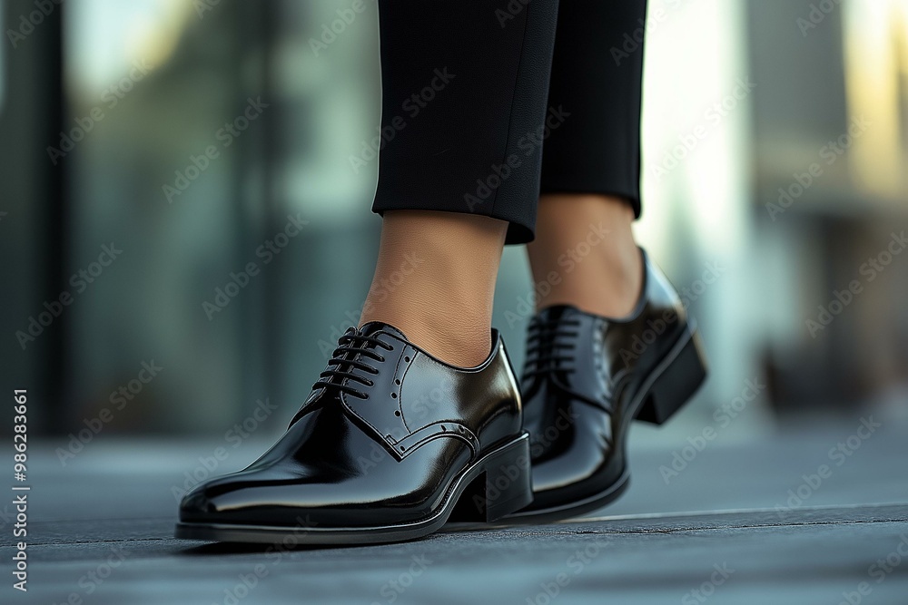 Close-up of Elegant Black Leather Shoes on Urban Backdrop