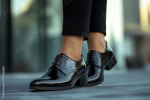 Obraz na płótnie Close-up of Elegant Black Leather Shoes on Urban Backdrop w salonie