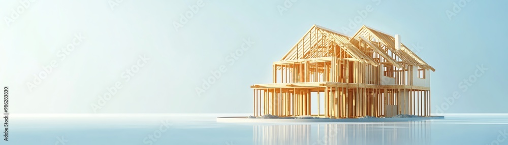 Rendered image of a wooden house frame under construction, showcasing architecture and home building in a minimalistic background. Rendered image of a wooden house frame under construction, showcasing architecture and home building in a minimalistic background.
