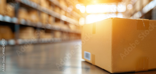 A close-up of an empty cardboard box in a vast warehouse showcasing organized shelves and warm lighting, perfect for logistics and storage.