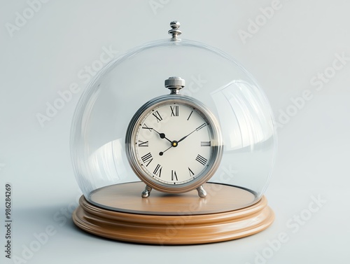 Vintage alarm clock under a glass dome on a wooden base, representing time and protection in a minimalist style. photo