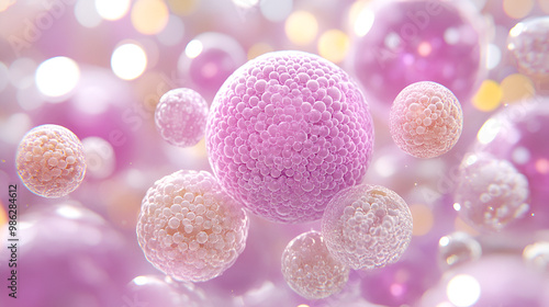 Colorful microscopic view of spherical cells with varied sizes and textures against a softly blurred background