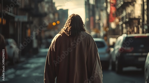 A person with long hair walks down a city street in the sunlight. Their back is facing the camera.