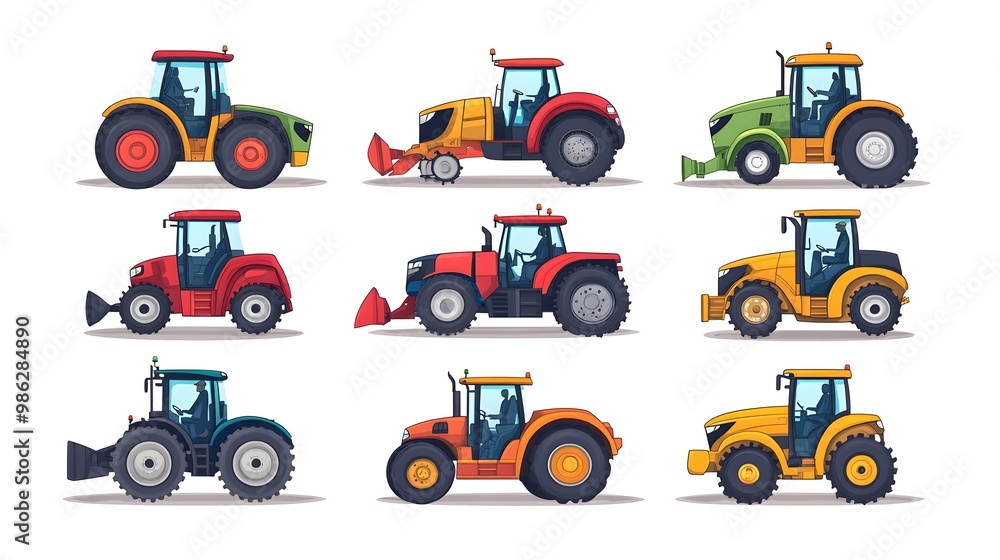 Set of vector illustrations, simple flat design cartoon-style illustrations of different tractors and farm equipment, white background, colorful, minimalistic, high resolution Set of vector illustrations, simple flat design cartoon-style illustrations of different tractors and farm equipment, white background, colorful, minimalistic, high resolution