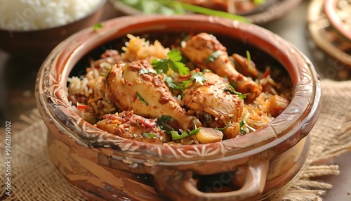 Biryani with chicken and rice in a clay pot.