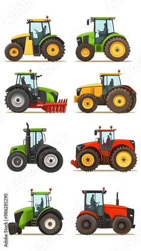 Set of vector illustrations, simple flat design cartoon-style illustrations of different tractors and farm equipment, white background, colorful, minimalistic, high resolution