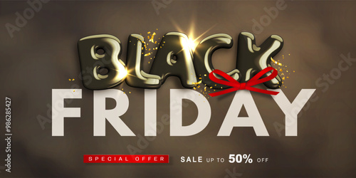 Special offer. Black friday banner with realistic glossy 3d text and decorative red bow on dark smoky background. Super sale 29.11. Design template for web banner, social media. Vector illustration photo