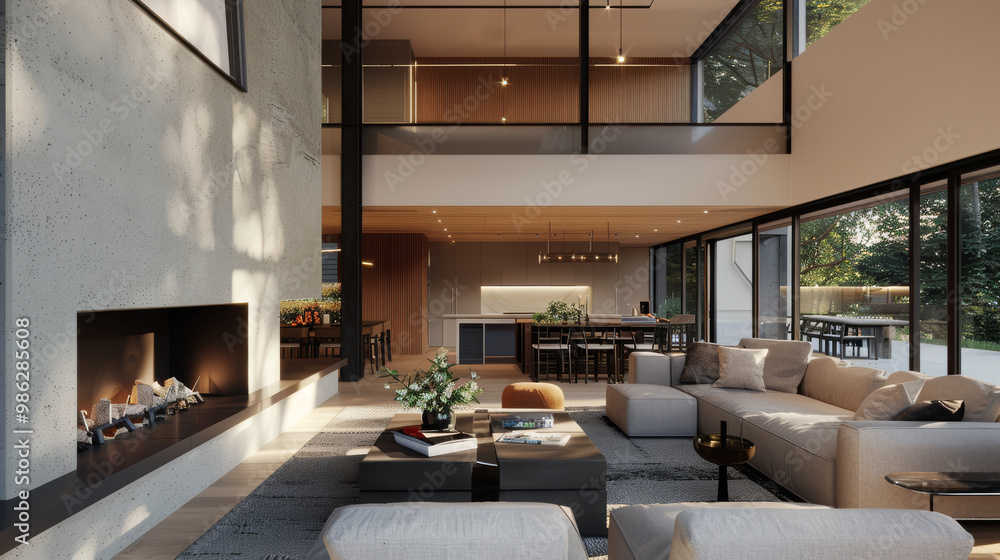 A spacious open plan area with modern fireplace creates warm and inviting atmosphere. design features large windows that allow natural light to fill space, enhancing contemporary aesthetic A spacious open plan area with modern fireplace creates warm and inviting atmosphere. design features large windows that allow natural light to fill space, enhancing contemporary aesthetic