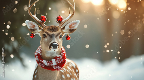 A graceful deer with impressive antlers, festively decorated with a scarf and red Christmas ornaments, stands in the snow against a serene winter landscape.