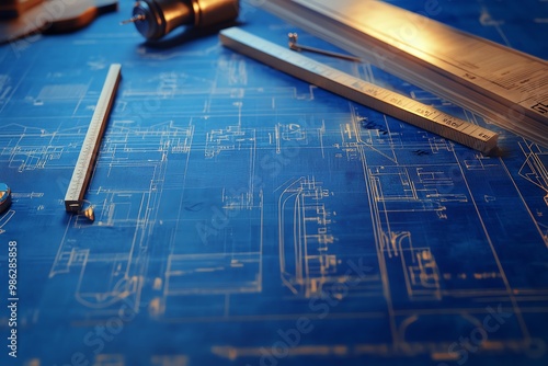 Detailed architectural blueprint with drawing tools on a work surface, focusing on design and planning elements.