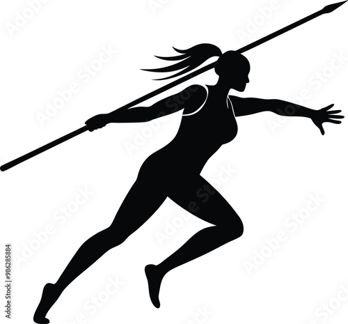 Woman javelin thrower silhouette, vector drawing illustration on black and white.