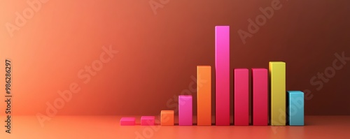 Colorful 3D bar graph on an orange gradient background, representing data analysis, statistics, and business growth.