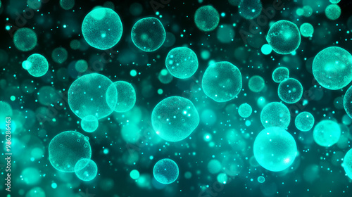 Floating turquoise bubbles illuminated against a dark backdrop, creating a mesmerizing effect typical of microscopic life forms